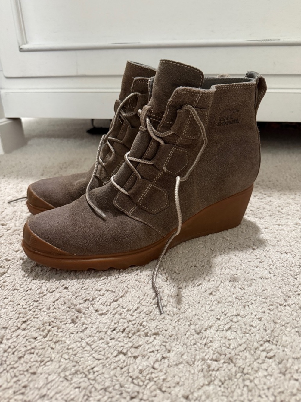Sorel Taupe Suede Wedge Lace-Up Ankle Booties